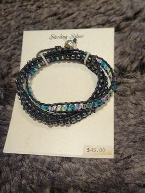 Sterling Silver/ Hematite /Crystal Leather Wrap Bracelet,New W/ Tag